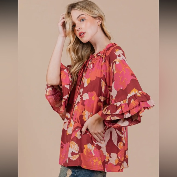 Boho Floral Print Split Mock Neck Blouse - Picture 4 of 5